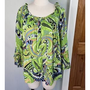 Crown And Ivy Blouse Top Green Ruffles Flounce Boho Artsy Flowy Oversized LG